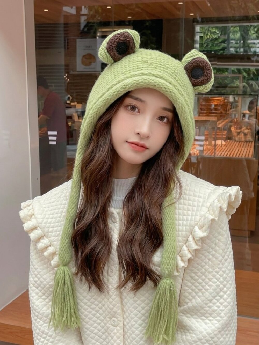 Green Frog Knit Beanie Hat — 3D Eyes, Earflaps & Tassels | Kawaii Novelty Winter